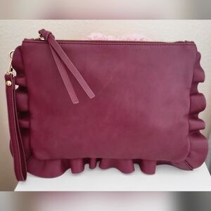 Sole Society ADELINA Vegan Ruffled 14" Leather Berry Purple Purse Clutch w/Strap